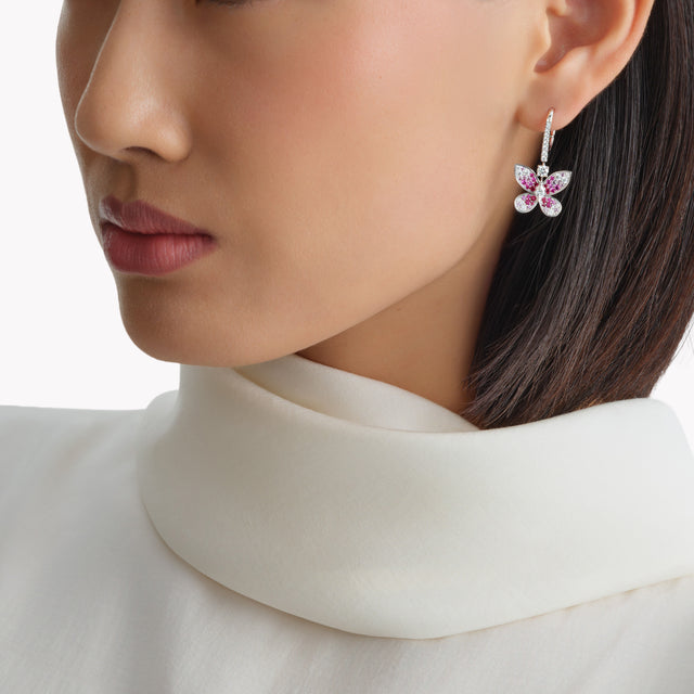 Butterfly Ruby, Pink Sapphire and Diamond Drop Earrings
