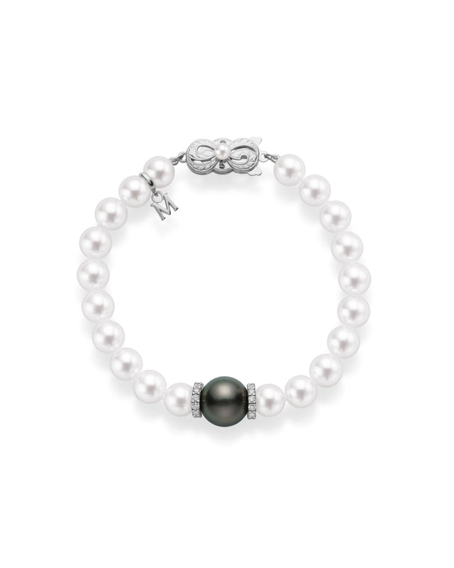 Fusion Akoya and Black South Sea Cultured Pearl Bracelet with Diamonds Set in 18k White Gold