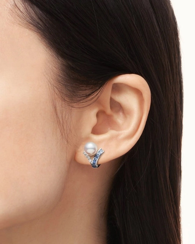 Ocean Akoya Cultured Pearl and Sapphire Earrings in 18K White Gold