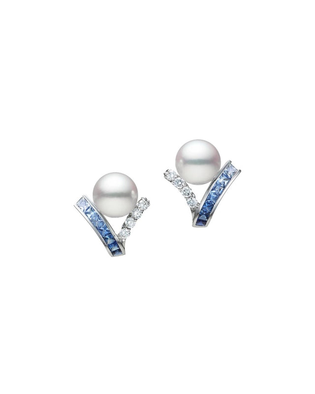 Ocean Akoya Cultured Pearl and Sapphire Earrings in 18K White Gold