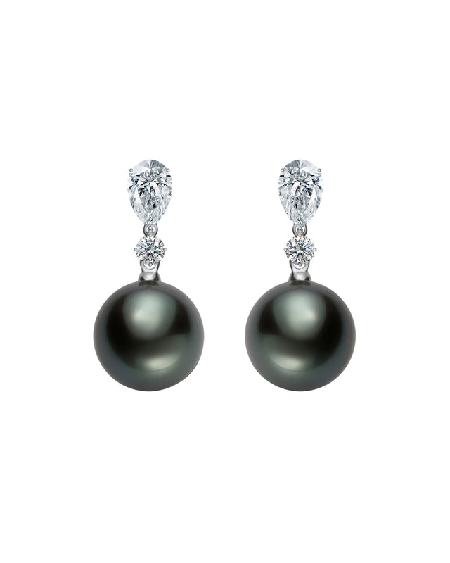 Classic Black South Sea Cultured Pearl Earrings with Diamonds Set in Platinum