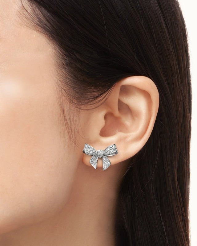 Bow Charm Diamond Earrings in 18K White Gold
