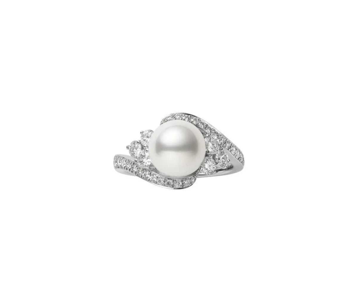 Akoya Cultured Pearl and Diamond Ring in 18K White Gold  display picture 2