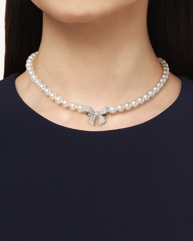 Akoya Cultured Pearl and Diamond Bow Charm Necklace in 18K White Gold