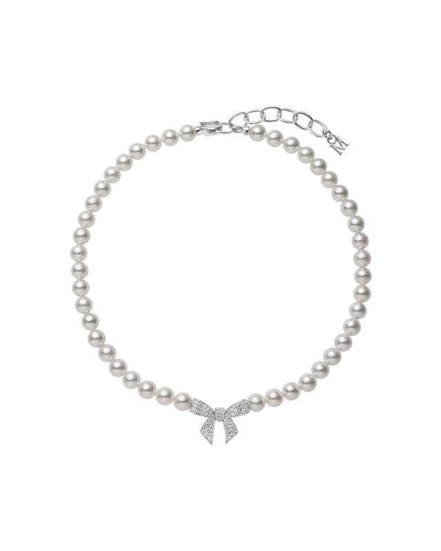 Akoya Cultured Pearl and Diamond Bow Charm Necklace in 18K White Gold
