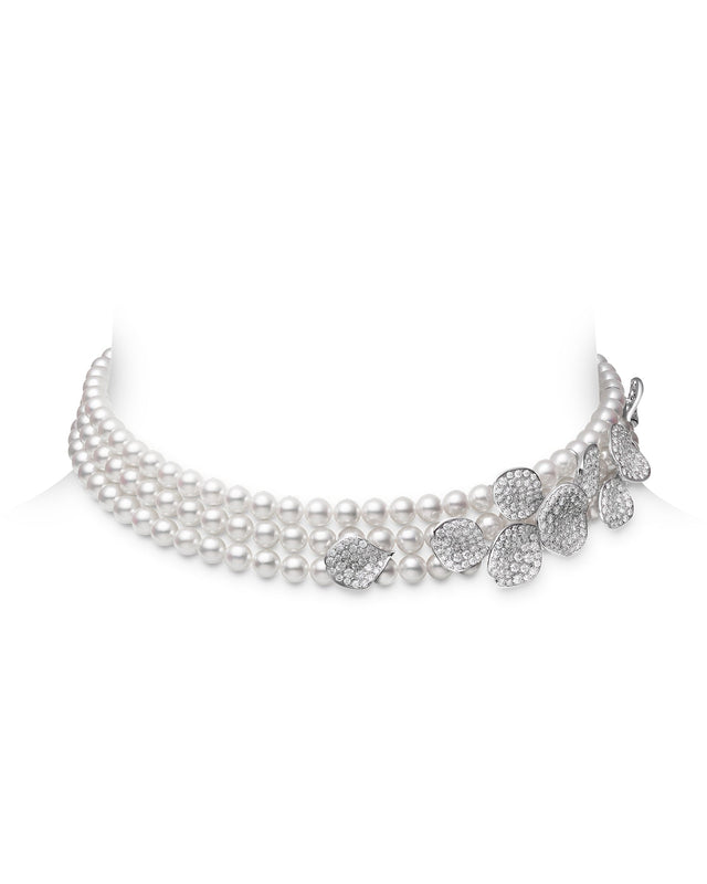 Les Pétales Place Vendôme Akoya Cultured Pearl Triple Collar Necklace with Diamonds Set in 18k White Gold