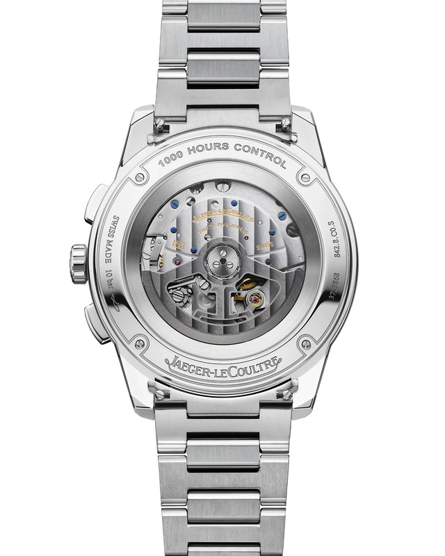 The Jaeger-LeCoultre Polaris Chronograph features a stainless steel bracelet and a transparent case back that displays its detailed mechanical movement and fine engravings.