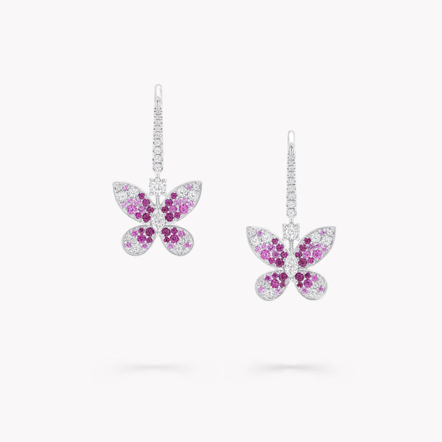 Butterfly Ruby, Pink Sapphire and Diamond Drop Earrings
