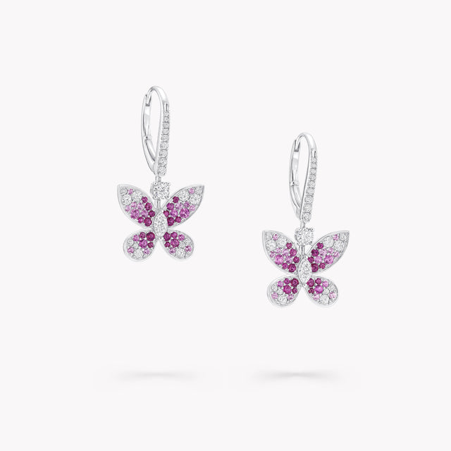 Butterfly Ruby, Pink Sapphire and Diamond Drop Earrings